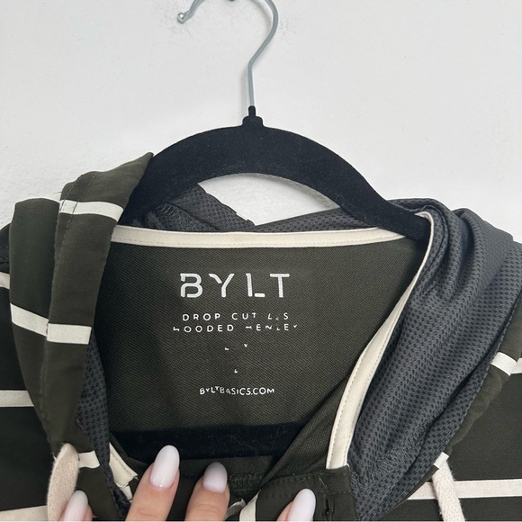 BYLT Drop Cut Lux Hooded Henley Pullover Forest Green White Size Large Men’s - Picture 6 of 8